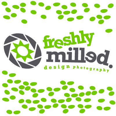White logo with green and grey colours, with words that say 'Freshly Milled. Design photography'.