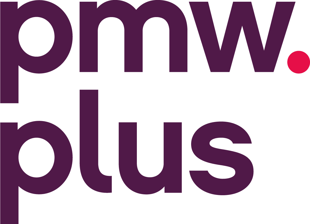 Purple writing on a white background, with a pink full stop.  Says pmw.plus